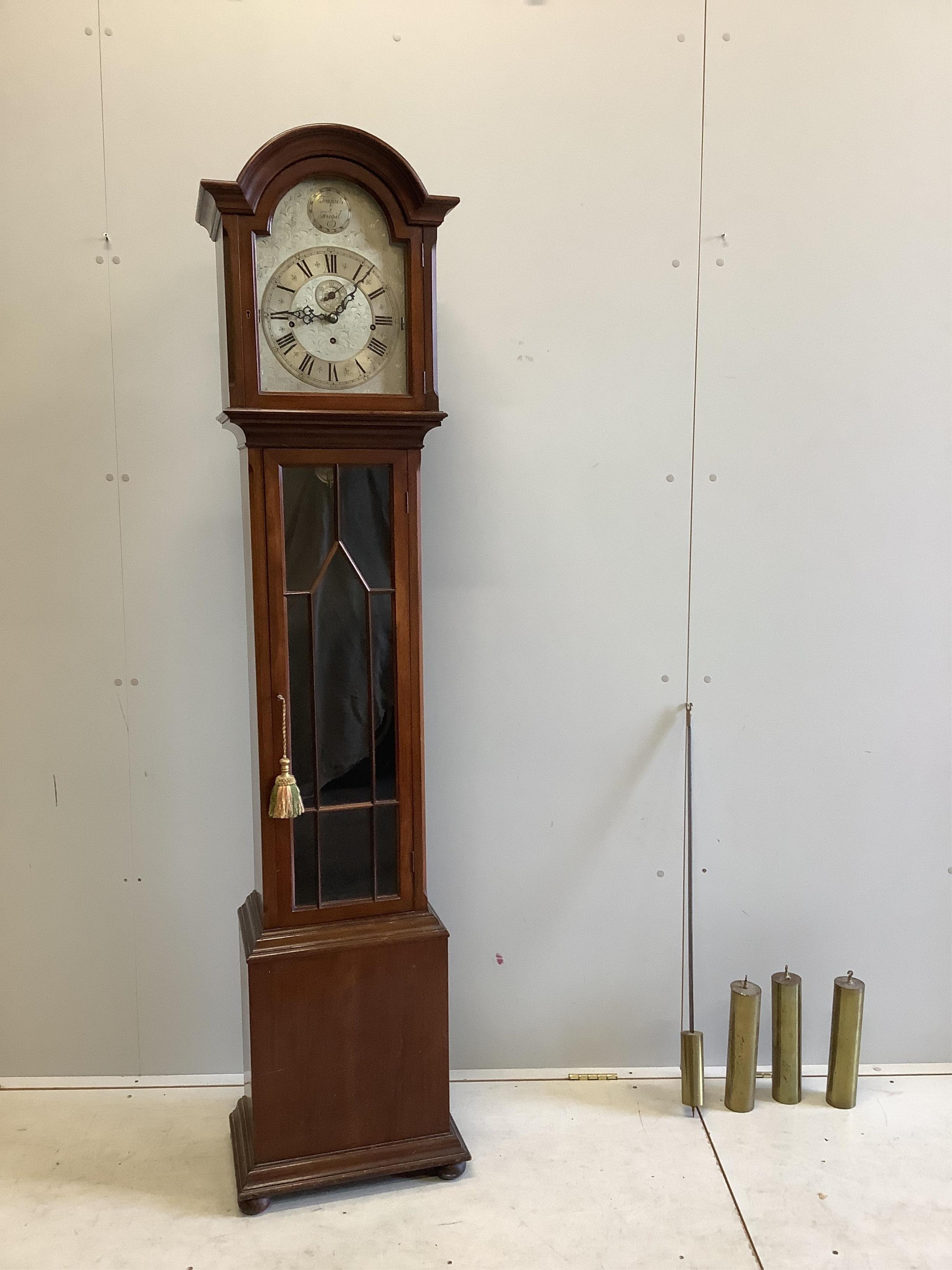 A modern mahogany cased eight day striking and chiming longcase clock, with a glazed door, height 188cm. Condition - good